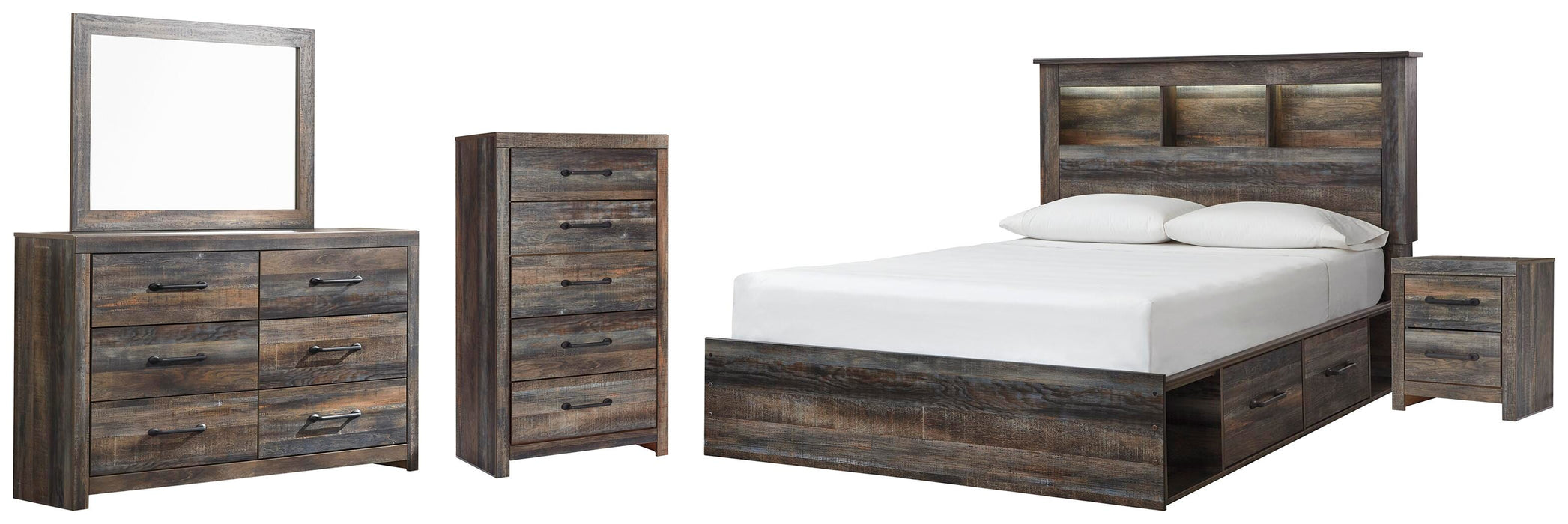 Drystan Multi Drystan Queen Bookcase Bed with 4 Storage Drawers, Dresser, Mirror, Chest and Nightstand